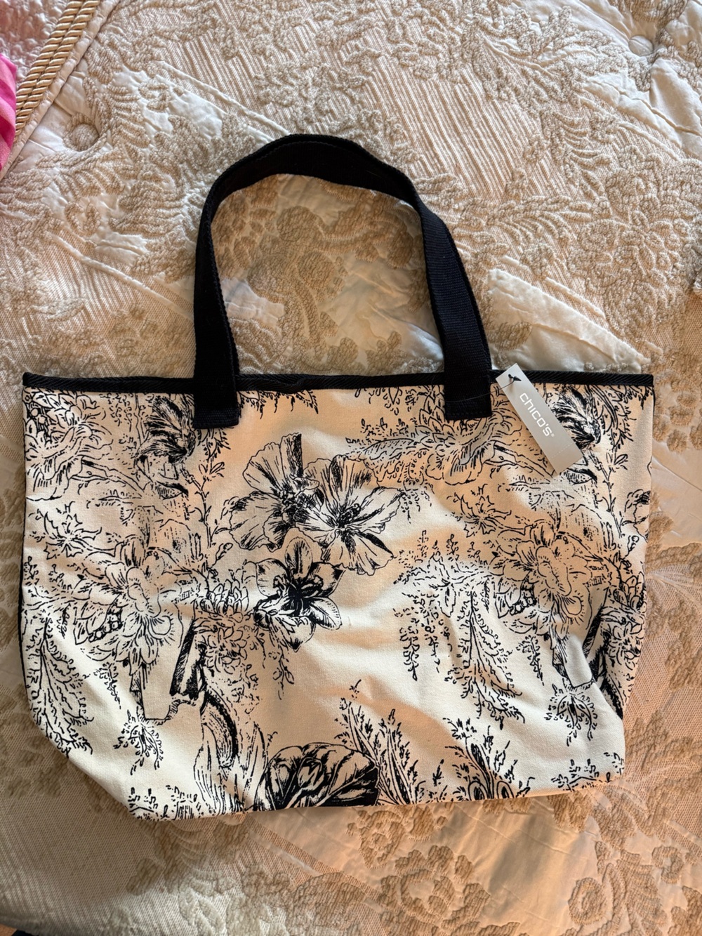 New Chicos Floral Tote Bag in Cream and Black